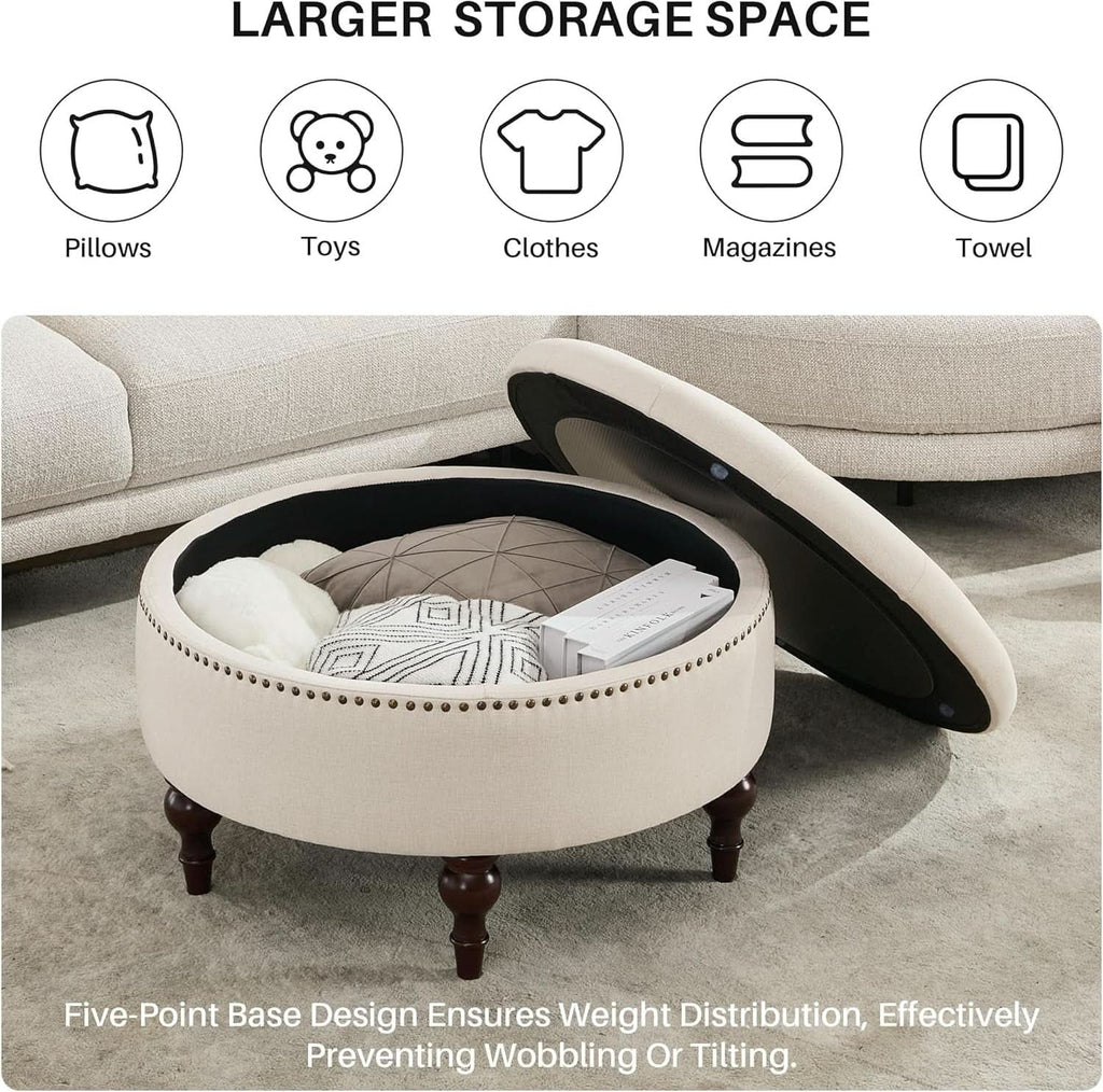 Large 31.5 Inches Round Storage Ottoman LinenBeige