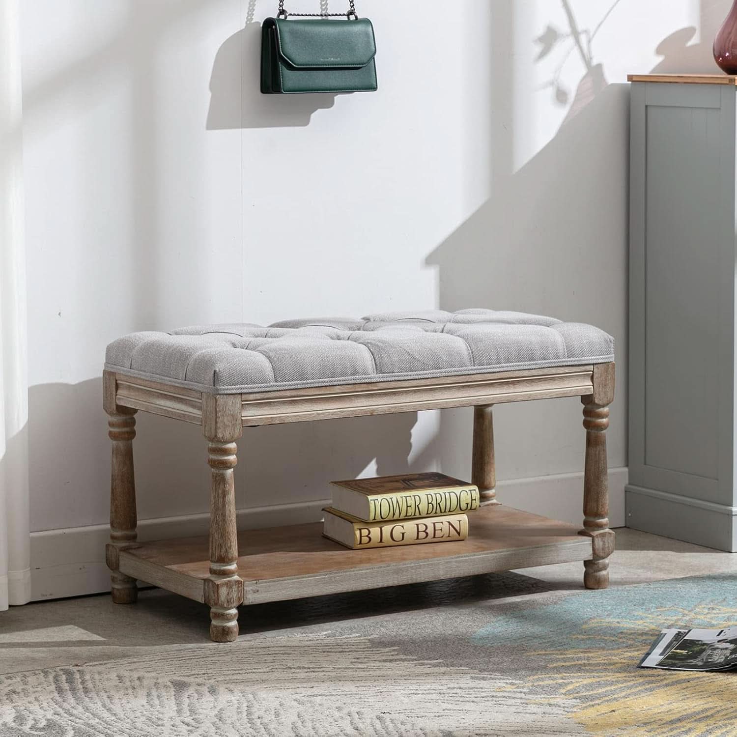 Grey Tufted Upholstered Storage Ottoman Bench Shelf
