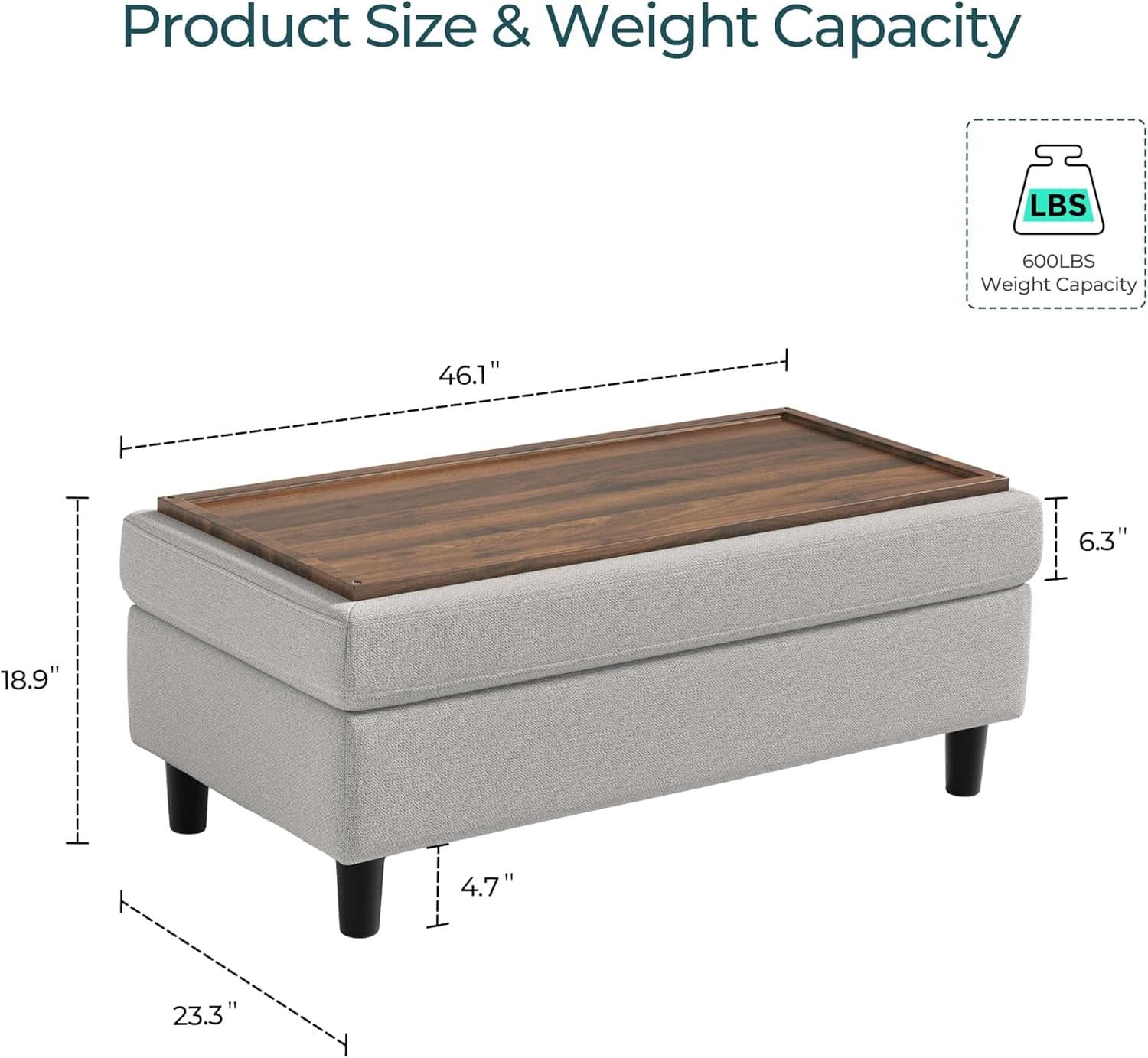 FortySixInch Grey Storage Ottoman Bench Upholstered Linen
