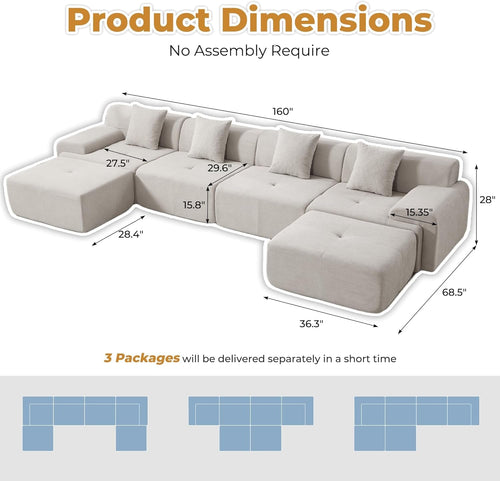 160-Inch U-Shaped Modular Sectional Sofa Camel Ottoman