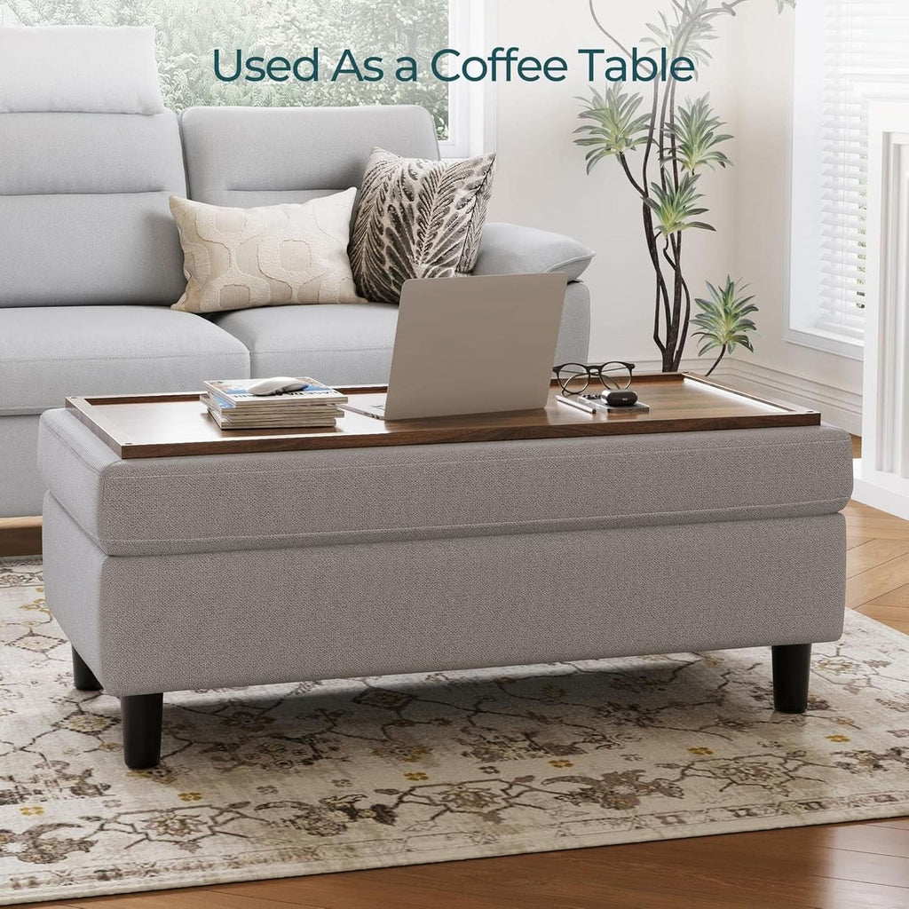 FortySixInch Grey Storage Ottoman Bench Upholstered Linen
