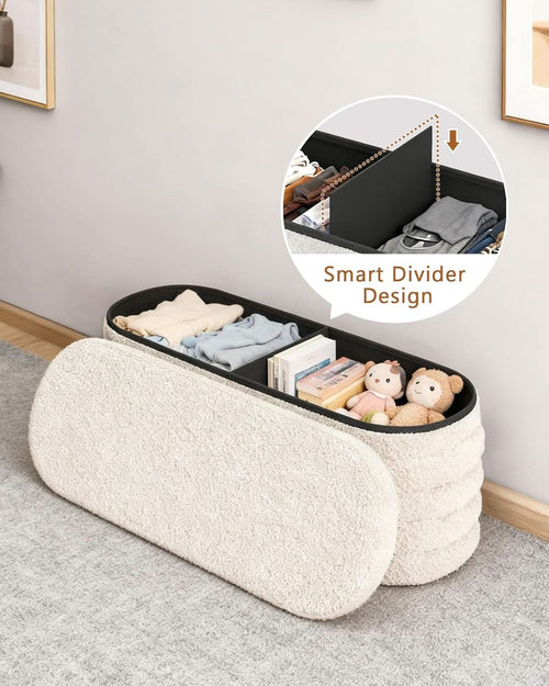 43 Inch SherpaWhite Upholstered Storage Ottoman Bench