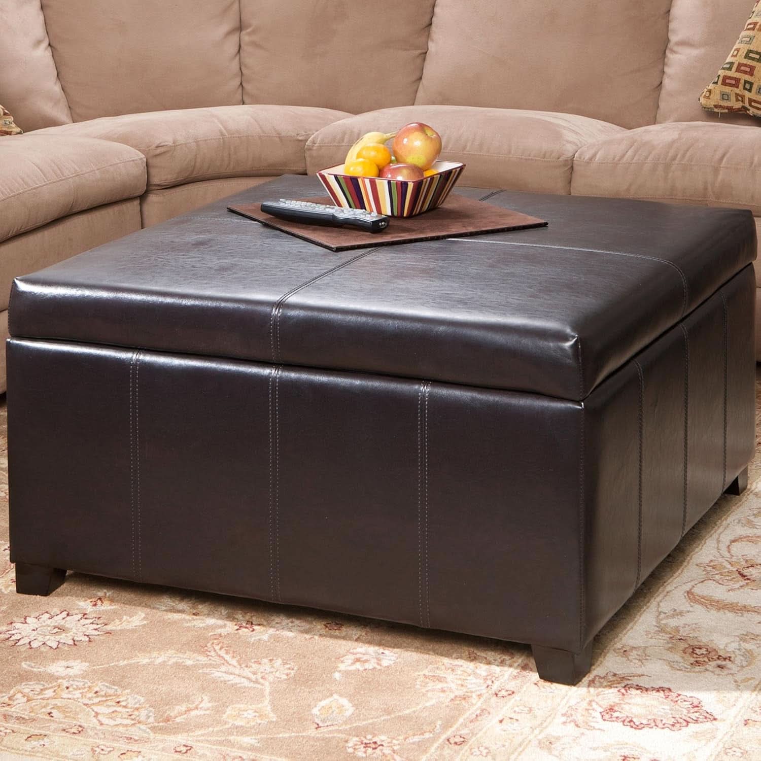 Forrester Brown Leather Storage Ottoman 35x35x19 Inches