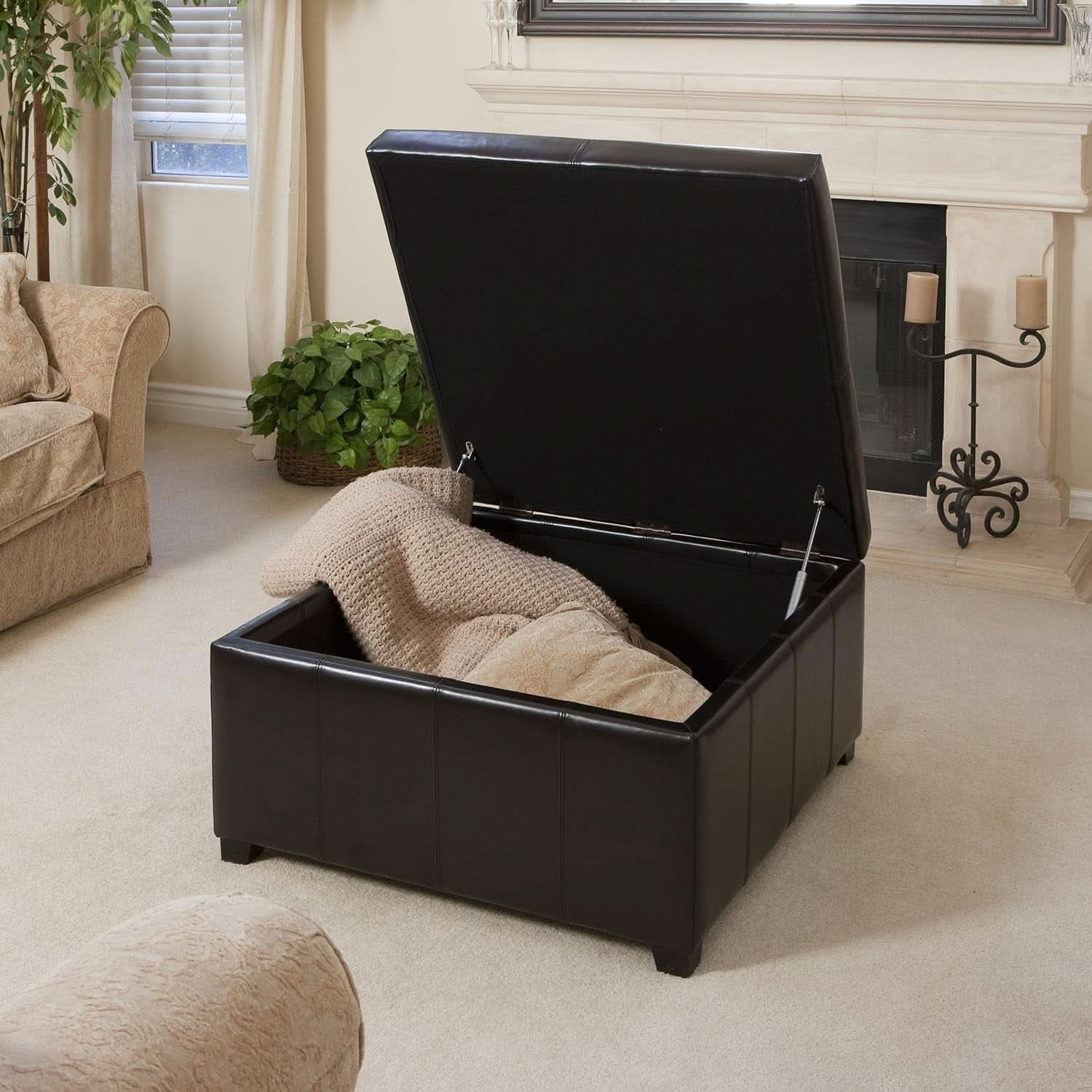 Forrester Brown Leather Storage Ottoman 35x35x19 Inches