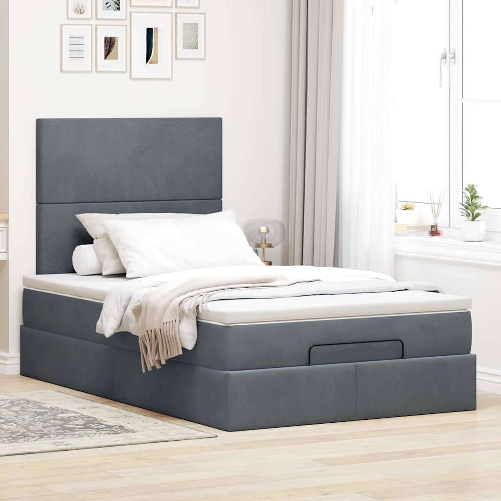 NNEVL Ottoman Bed with Mattresses & LEDs Dark Grey King Single Velvet