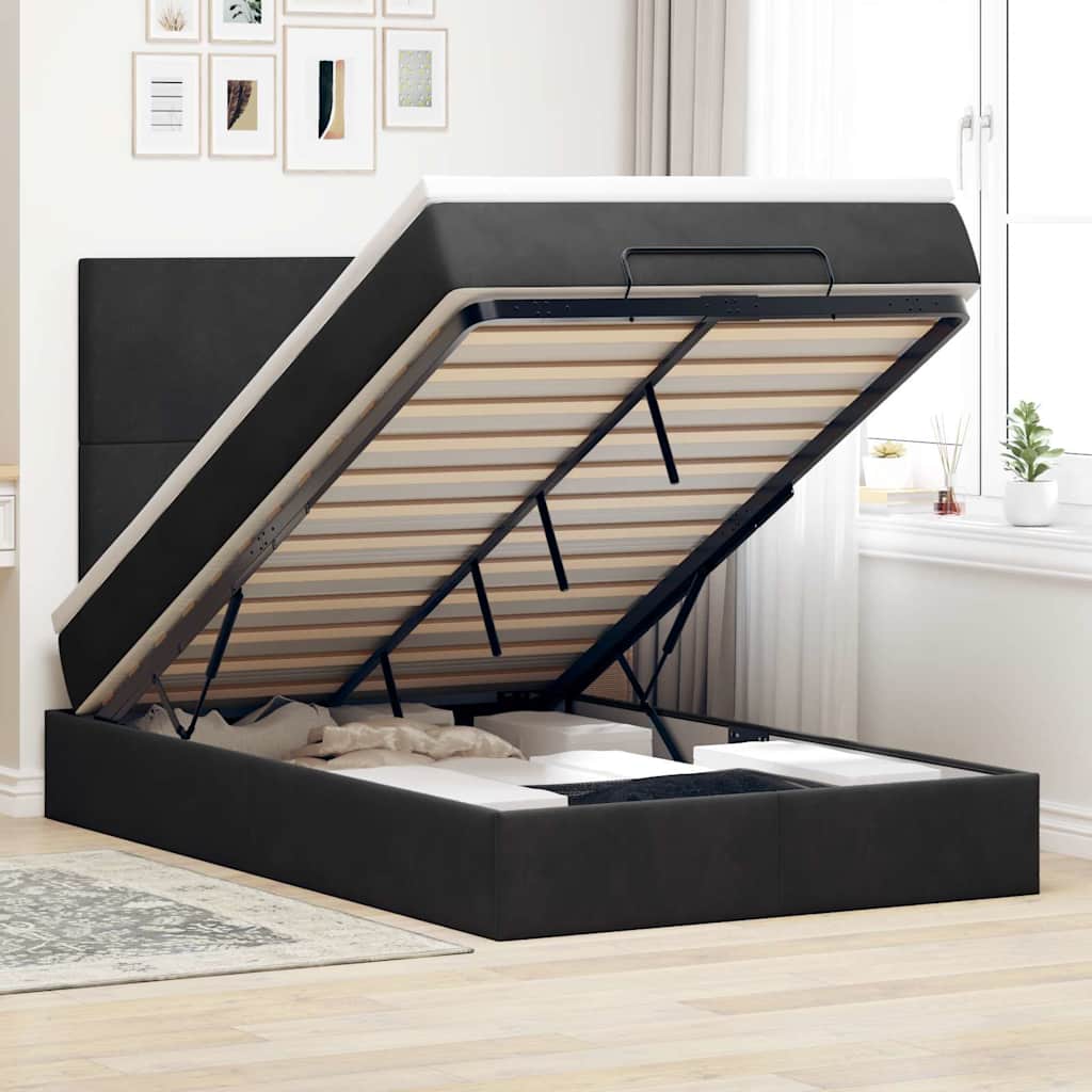 NNEVL Ottoman Bed with Mattresses & LEDs Dark Grey King Single Velvet