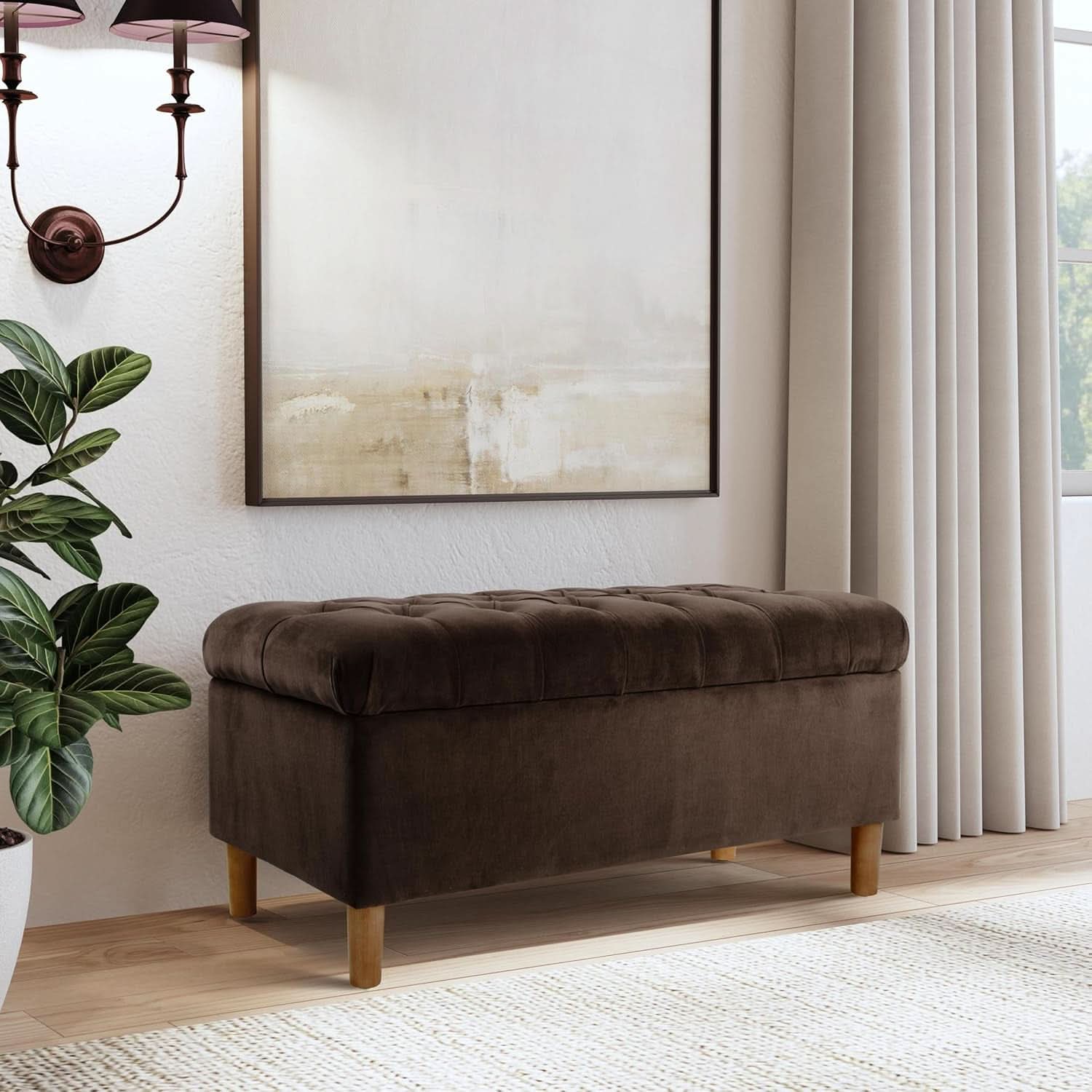 Tufted Storage Ottoman Bench Chocolate Brown Velvet