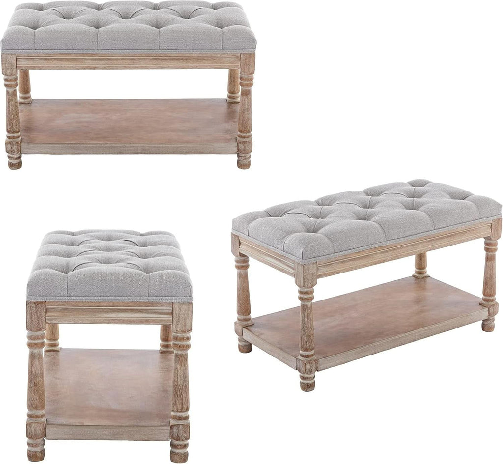 Grey Tufted Upholstered Storage Ottoman Bench Shelf