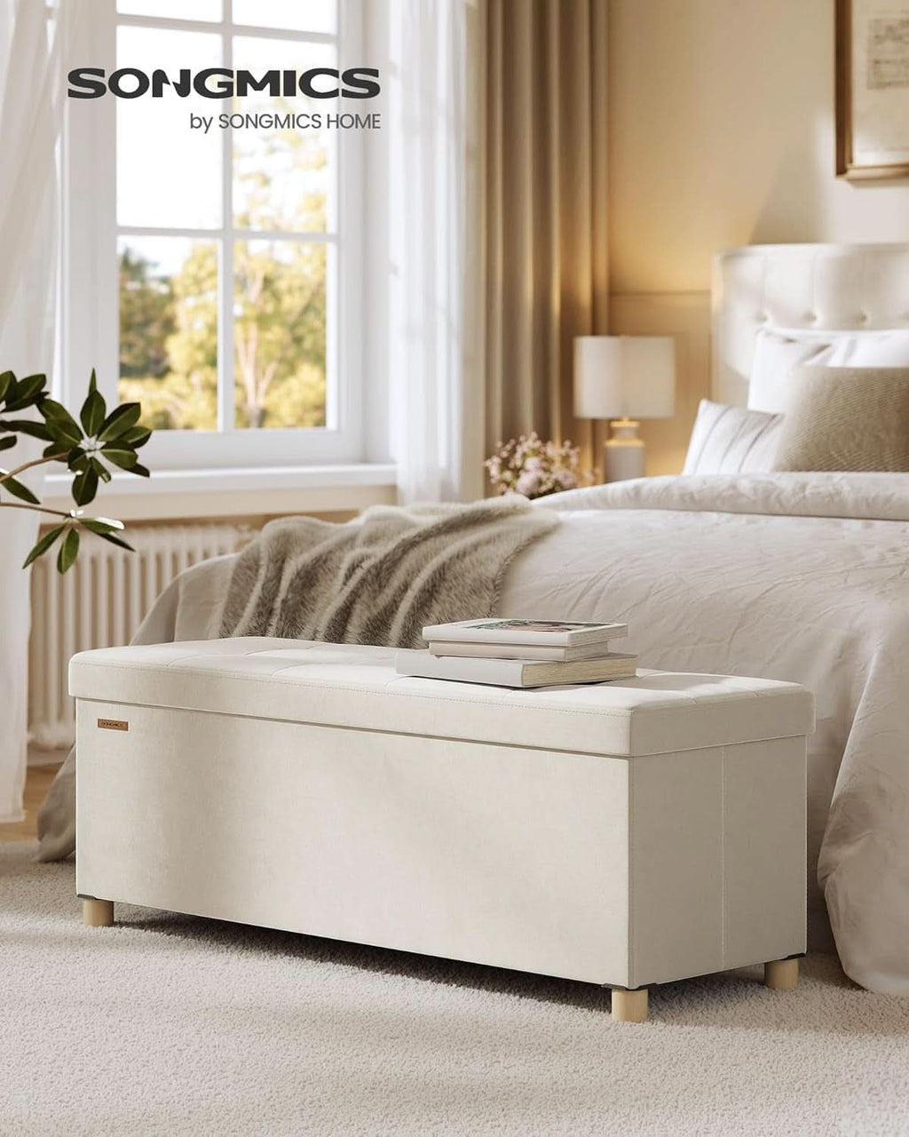 Cappuccino Beige Velvet Storage Ottoman Bench Folding