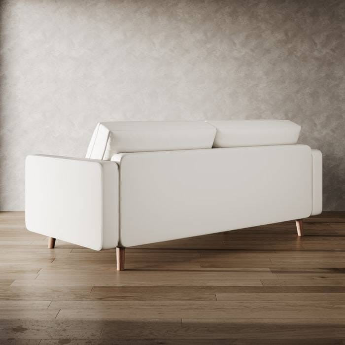 Ivory Upholstered Faux Leather Sofa w/ Pillows Solid Hardwood Legs