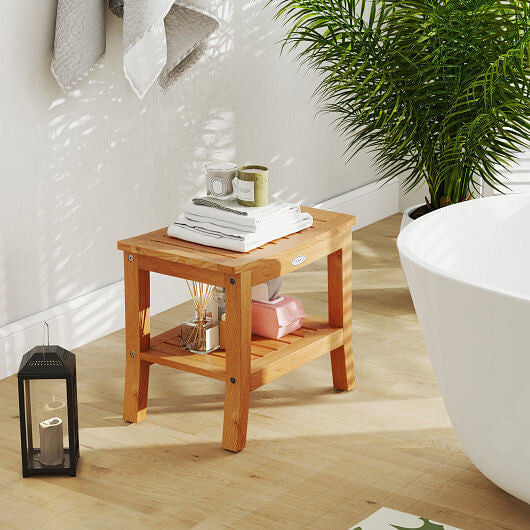 20 Inches Non-slip Shower Bench with Storage Shelf and Curved Top