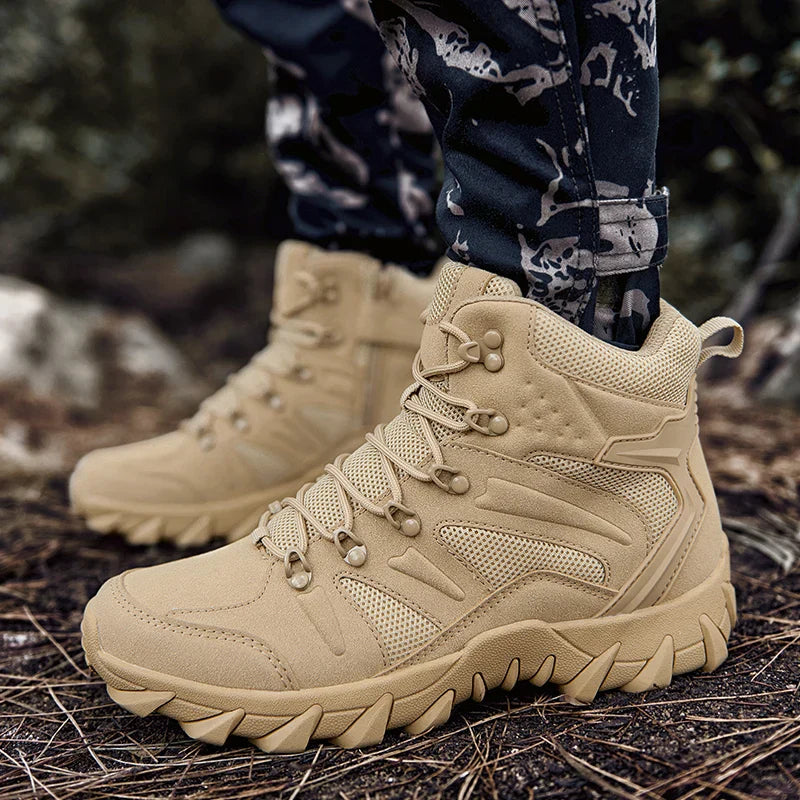 NNEOBA Men's Tactical Work Ankle Boots Winter Safety Shoes (Beige)