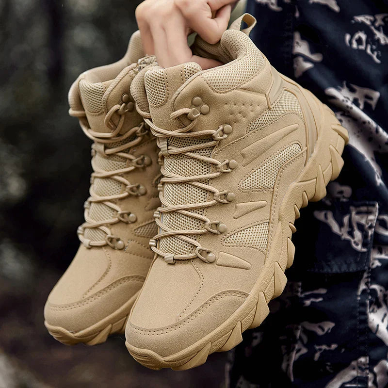 NNEOBA Men's Tactical Work Ankle Boots Winter Safety Shoes (Beige)