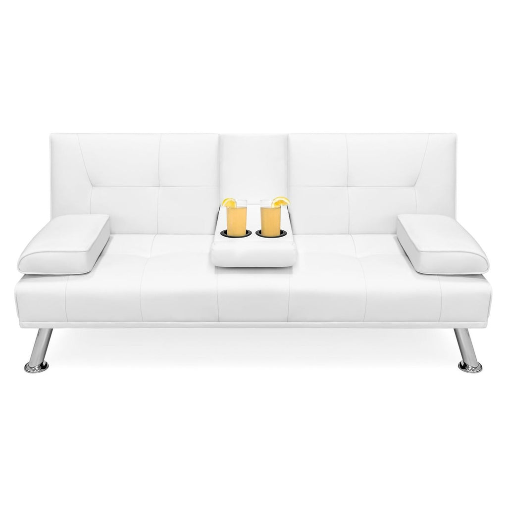 White Faux Leather Convertible Sofa Futon with 2 Cup Holders