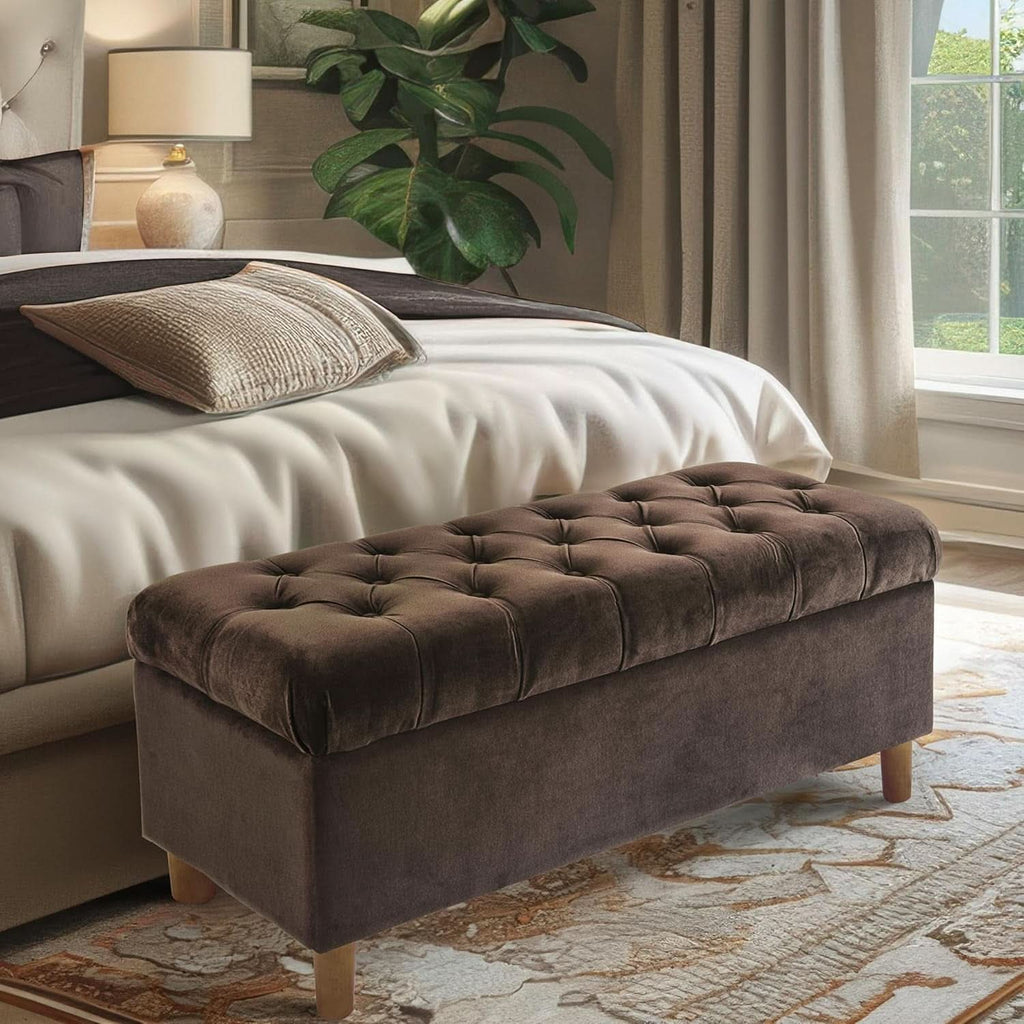 Tufted Storage Ottoman Bench Chocolate Brown Velvet
