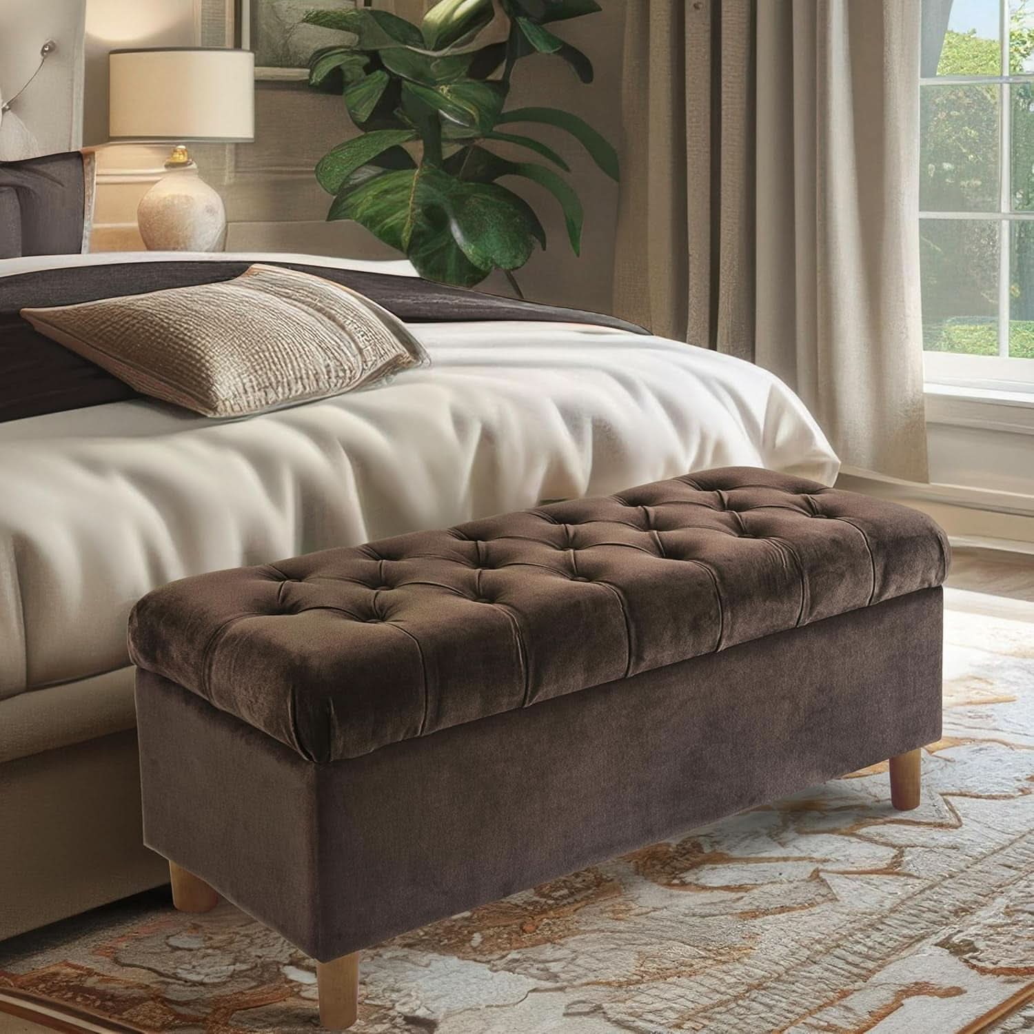 Tufted Storage Ottoman Bench Chocolate Brown Velvet