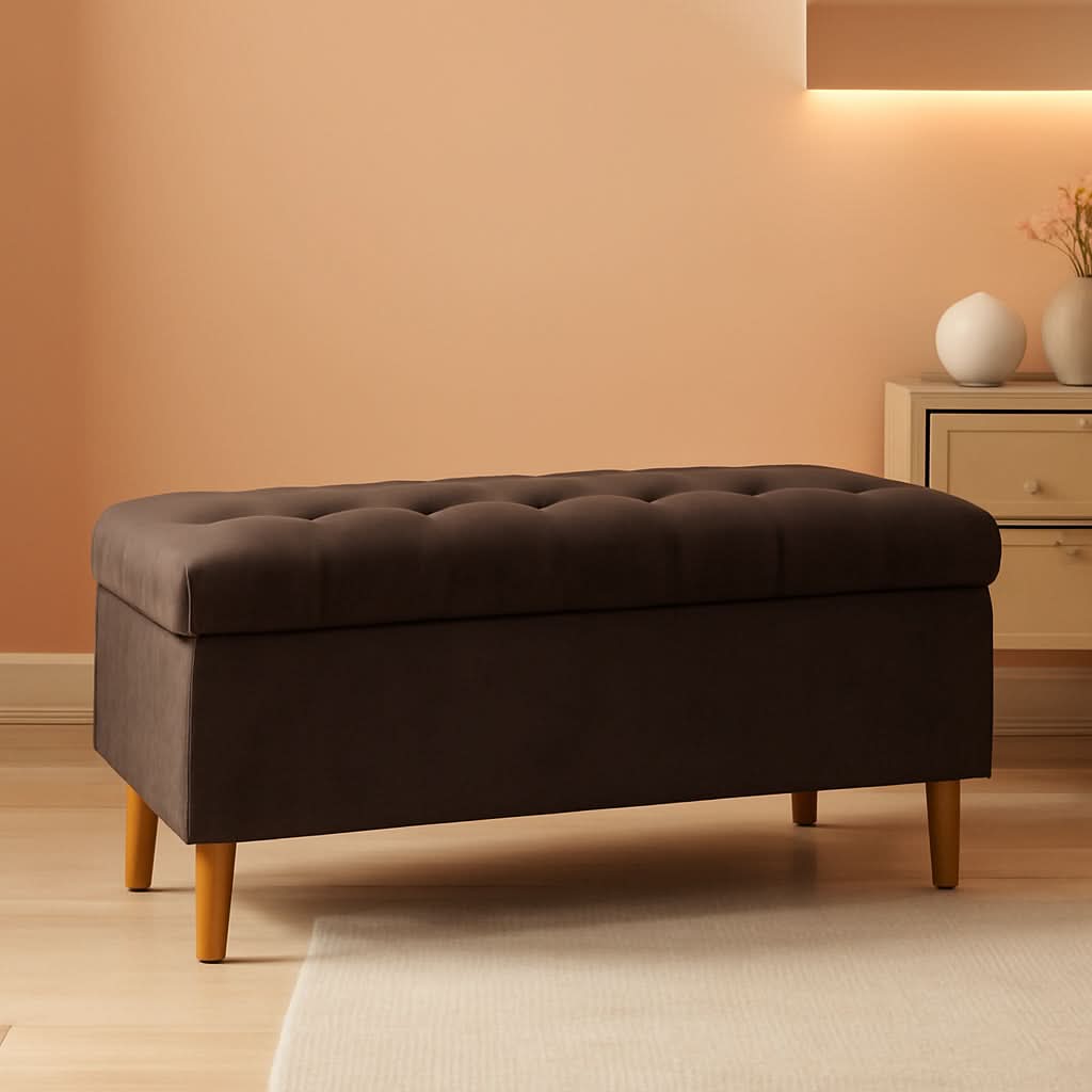 Tufted Storage Ottoman Bench Chocolate Brown Velvet