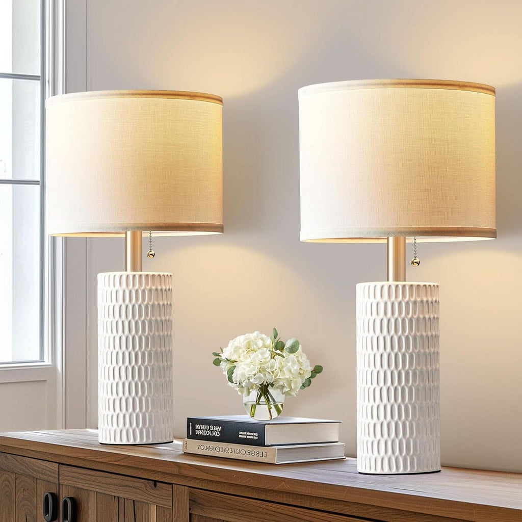 White Ceramic Table Lamps Gleaming Dimmable Twenty Inch Tall