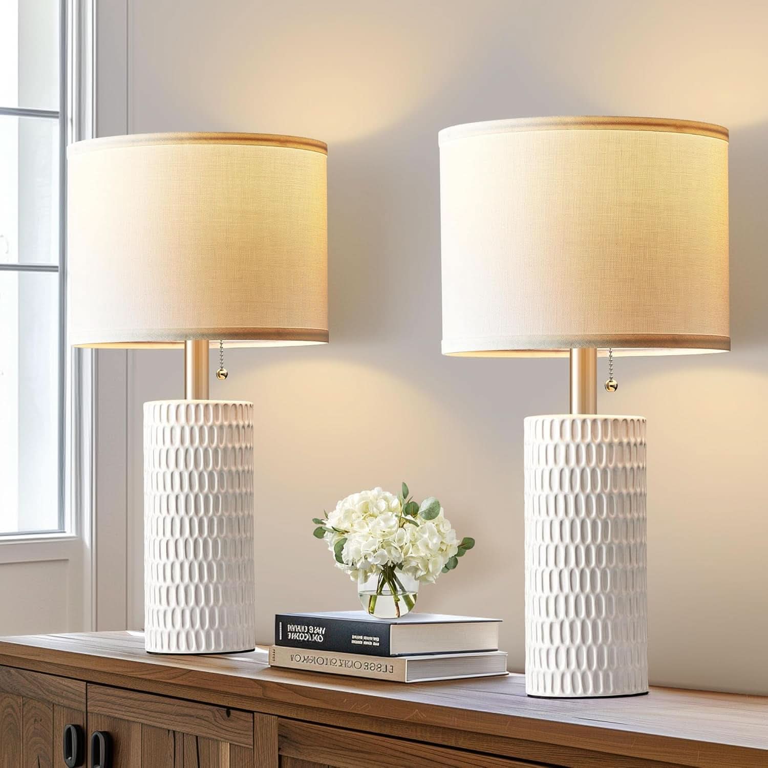 White Ceramic Table Lamps Gleaming Dimmable Twenty Inch Tall